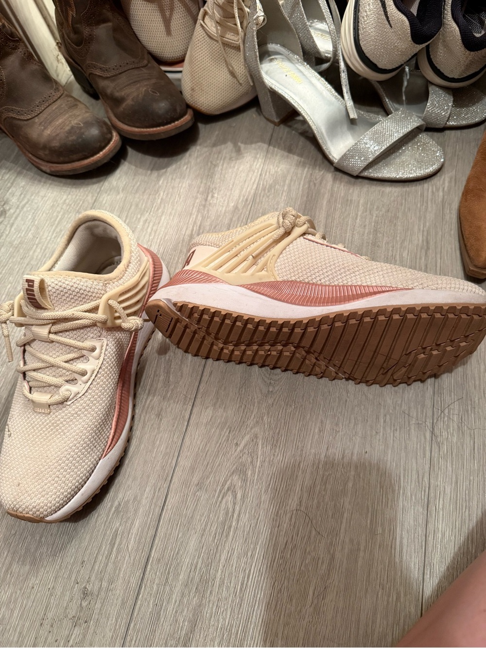 Puma Women's Cream and Pink Lightweight Knit Sneakers